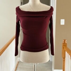OGL Womens Off Shoulder Long Sleeve Brami Top Built-In Bra Burgundy Wine XS
